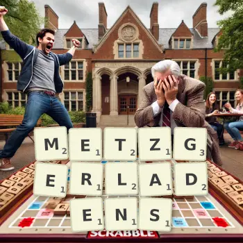Kreative Illustration für ein Scrabble-Spiel, bei dem das Wort METZGERLADENS mit Steinen auf dem Brett gelegt wurde.