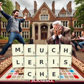 Kreative Illustration für ein Scrabble-Spiel, bei dem das Wort MEUCHLERISCHE mit Steinen auf dem Brett gelegt wurde.