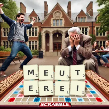 Kreative Illustration für ein Scrabble-Spiel, bei dem das Wort MEUTEREI mit Steinen auf dem Brett gelegt wurde.