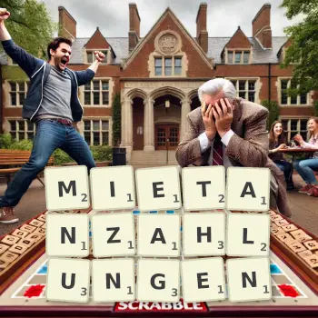Kreative Illustration für ein Scrabble-Spiel, bei dem das Wort MIETANZAHLUNGEN mit Steinen auf dem Brett gelegt wurde.