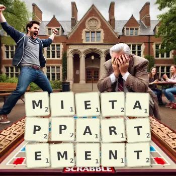 Kreative Illustration für ein Scrabble-Spiel, bei dem das Wort MIETAPPARTEMENT mit Steinen auf dem Brett gelegt wurde.