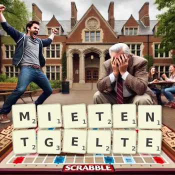 Kreative Illustration für ein Scrabble-Spiel, bei dem das Wort MIETENTGELTE mit Steinen auf dem Brett gelegt wurde.