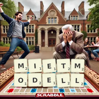 Kreative Illustration für ein Scrabble-Spiel, bei dem das Wort MIETMODELL mit Steinen auf dem Brett gelegt wurde.