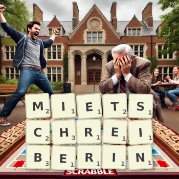 Kreative Illustration für ein Scrabble-Spiel, bei dem das Wort MIETSCHREIBERIN mit Steinen auf dem Brett gelegt wurde.