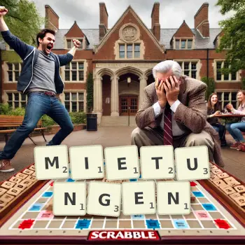 Kreative Illustration für ein Scrabble-Spiel, bei dem das Wort MIETUNGEN mit Steinen auf dem Brett gelegt wurde.