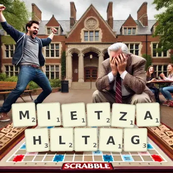 Kreative Illustration für ein Scrabble-Spiel, bei dem das Wort MIETZAHLTAG mit Steinen auf dem Brett gelegt wurde.