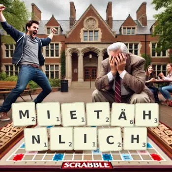 Kreative Illustration für ein Scrabble-Spiel, bei dem das Wort MIETÄHNLICH mit Steinen auf dem Brett gelegt wurde.
