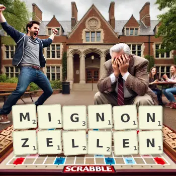 Kreative Illustration für ein Scrabble-Spiel, bei dem das Wort MIGNONZELLEN mit Steinen auf dem Brett gelegt wurde.