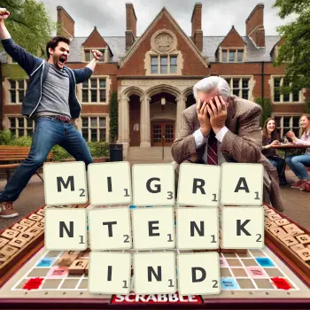 Kreative Illustration für ein Scrabble-Spiel, bei dem das Wort MIGRANTENKIND mit Steinen auf dem Brett gelegt wurde.