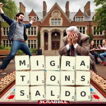 Kreative Illustration für ein Scrabble-Spiel, bei dem das Wort MIGRATIONSSALDO mit Steinen auf dem Brett gelegt wurde.