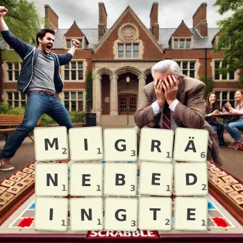Kreative Illustration für ein Scrabble-Spiel, bei dem das Wort MIGRÄNEBEDINGTE mit Steinen auf dem Brett gelegt wurde.