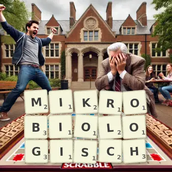 Kreative Illustration für ein Scrabble-Spiel, bei dem das Wort MIKROBIOLOGISCH mit Steinen auf dem Brett gelegt wurde.
