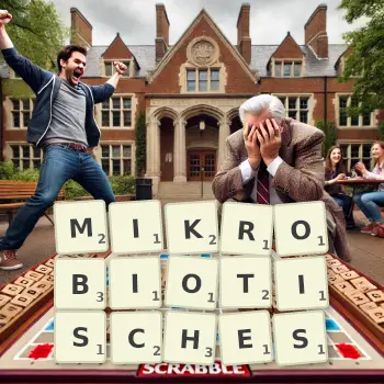 Kreative Illustration für ein Scrabble-Spiel, bei dem das Wort MIKROBIOTISCHES mit Steinen auf dem Brett gelegt wurde.