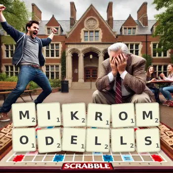 Kreative Illustration für ein Scrabble-Spiel, bei dem das Wort MIKROMODELLS mit Steinen auf dem Brett gelegt wurde.