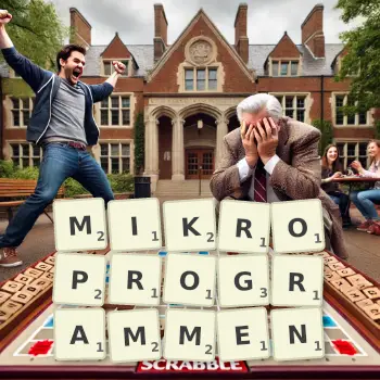 Kreative Illustration für ein Scrabble-Spiel, bei dem das Wort MIKROPROGRAMMEN mit Steinen auf dem Brett gelegt wurde.