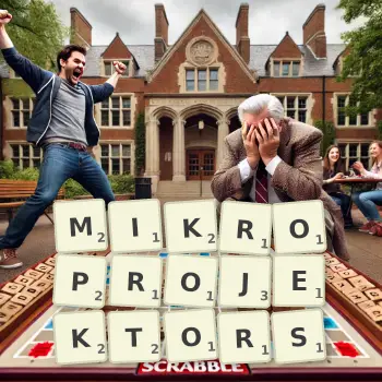 Kreative Illustration für ein Scrabble-Spiel, bei dem das Wort MIKROPROJEKTORS mit Steinen auf dem Brett gelegt wurde.