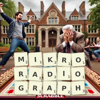 Kreative Illustration für ein Scrabble-Spiel, bei dem das Wort MIKRORADIOGRAPH mit Steinen auf dem Brett gelegt wurde.