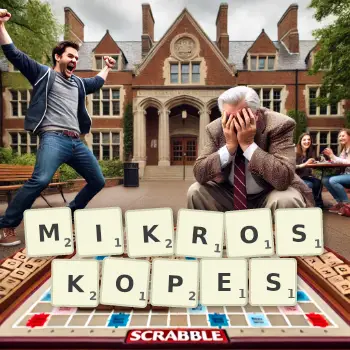 Kreative Illustration für ein Scrabble-Spiel, bei dem das Wort MIKROSKOPES mit Steinen auf dem Brett gelegt wurde.