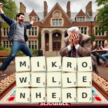 Kreative Illustration für ein Scrabble-Spiel, bei dem das Wort MIKROWELLENHERD mit Steinen auf dem Brett gelegt wurde.