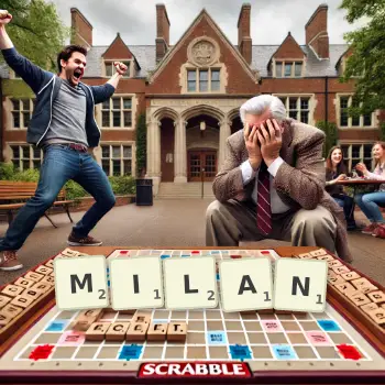 Kreative Illustration für ein Scrabble-Spiel, bei dem das Wort MILAN mit Steinen auf dem Brett gelegt wurde.