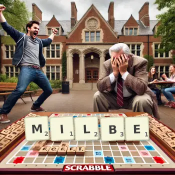 Kreative Illustration für ein Scrabble-Spiel, bei dem das Wort MILBE mit Steinen auf dem Brett gelegt wurde.
