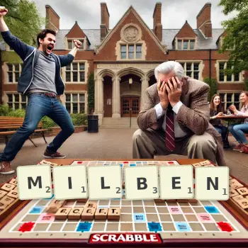 Kreative Illustration für ein Scrabble-Spiel, bei dem das Wort MILBEN mit Steinen auf dem Brett gelegt wurde.