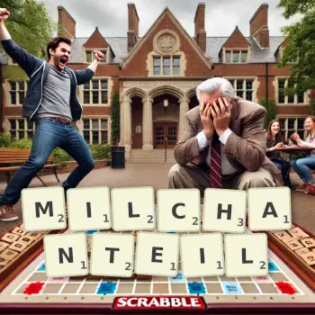 Kreative Illustration für ein Scrabble-Spiel, bei dem das Wort MILCHANTEIL mit Steinen auf dem Brett gelegt wurde.