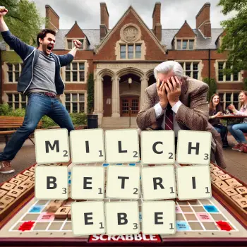 Kreative Illustration für ein Scrabble-Spiel, bei dem das Wort MILCHBETRIEBE mit Steinen auf dem Brett gelegt wurde.