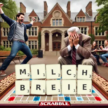 Kreative Illustration für ein Scrabble-Spiel, bei dem das Wort MILCHBREIE mit Steinen auf dem Brett gelegt wurde.