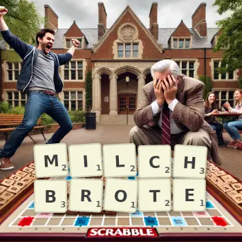 Kreative Illustration für ein Scrabble-Spiel, bei dem das Wort MILCHBROTE mit Steinen auf dem Brett gelegt wurde.