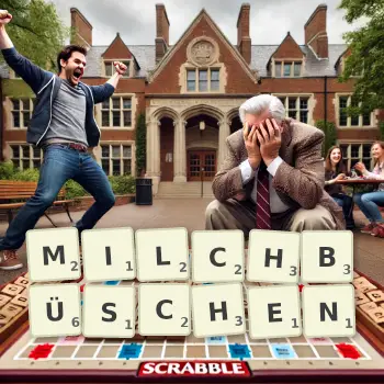 Kreative Illustration für ein Scrabble-Spiel, bei dem das Wort MILCHBÜSCHEN mit Steinen auf dem Brett gelegt wurde.