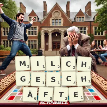 Kreative Illustration für ein Scrabble-Spiel, bei dem das Wort MILCHGESCHÄFTE mit Steinen auf dem Brett gelegt wurde.