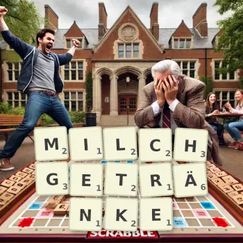 Kreative Illustration für ein Scrabble-Spiel, bei dem das Wort MILCHGETRÄNKE mit Steinen auf dem Brett gelegt wurde.