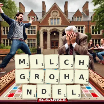 Kreative Illustration für ein Scrabble-Spiel, bei dem das Wort MILCHGROHANDEL mit Steinen auf dem Brett gelegt wurde.