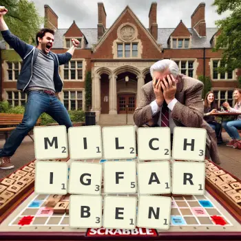 Kreative Illustration für ein Scrabble-Spiel, bei dem das Wort MILCHIGFARBEN mit Steinen auf dem Brett gelegt wurde.
