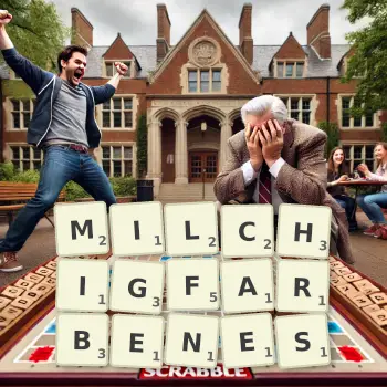 Kreative Illustration für ein Scrabble-Spiel, bei dem das Wort MILCHIGFARBENES mit Steinen auf dem Brett gelegt wurde.