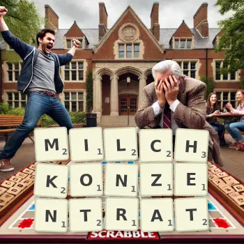 Kreative Illustration für ein Scrabble-Spiel, bei dem das Wort MILCHKONZENTRAT mit Steinen auf dem Brett gelegt wurde.