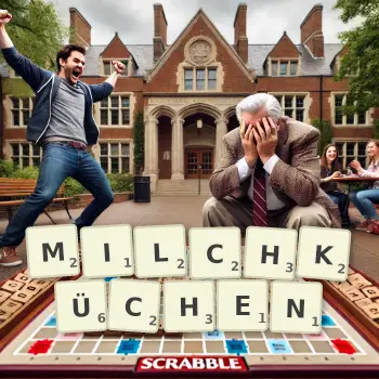 Kreative Illustration für ein Scrabble-Spiel, bei dem das Wort MILCHKÜCHEN mit Steinen auf dem Brett gelegt wurde.