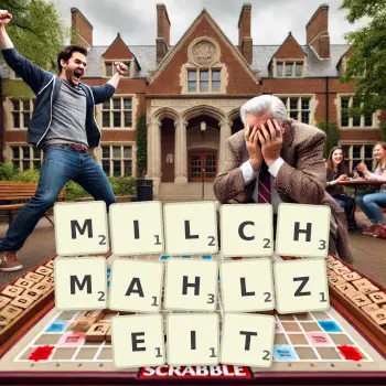 Kreative Illustration für ein Scrabble-Spiel, bei dem das Wort MILCHMAHLZEIT mit Steinen auf dem Brett gelegt wurde.