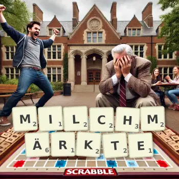 Kreative Illustration für ein Scrabble-Spiel, bei dem das Wort MILCHMÄRKTE mit Steinen auf dem Brett gelegt wurde.