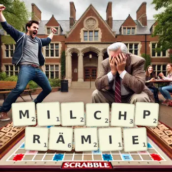 Kreative Illustration für ein Scrabble-Spiel, bei dem das Wort MILCHPRÄMIE mit Steinen auf dem Brett gelegt wurde.