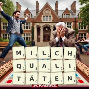 Kreative Illustration für ein Scrabble-Spiel, bei dem das Wort MILCHQUALITÄTEN mit Steinen auf dem Brett gelegt wurde.