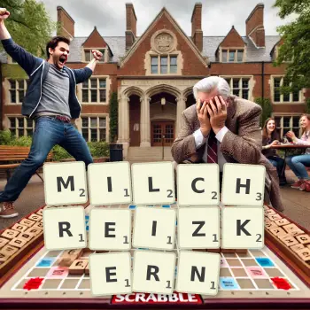 Kreative Illustration für ein Scrabble-Spiel, bei dem das Wort MILCHREIZKERN mit Steinen auf dem Brett gelegt wurde.