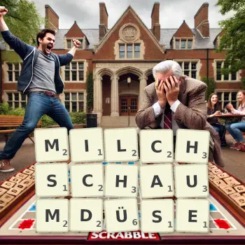 Kreative Illustration für ein Scrabble-Spiel, bei dem das Wort MILCHSCHAUMDÜSE mit Steinen auf dem Brett gelegt wurde.