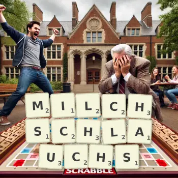 Kreative Illustration für ein Scrabble-Spiel, bei dem das Wort MILCHSCHLAUCHS mit Steinen auf dem Brett gelegt wurde.