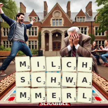 Kreative Illustration für ein Scrabble-Spiel, bei dem das Wort MILCHSCHWAMMERL mit Steinen auf dem Brett gelegt wurde.