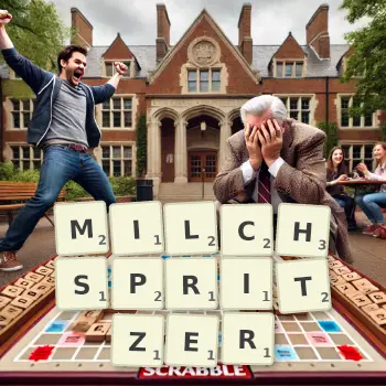 Kreative Illustration für ein Scrabble-Spiel, bei dem das Wort MILCHSPRITZER mit Steinen auf dem Brett gelegt wurde.