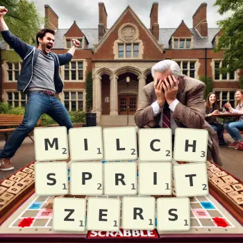 Kreative Illustration für ein Scrabble-Spiel, bei dem das Wort MILCHSPRITZERS mit Steinen auf dem Brett gelegt wurde.