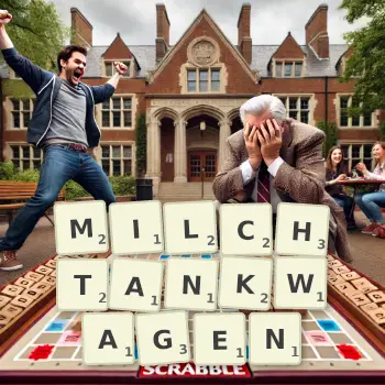 Kreative Illustration für ein Scrabble-Spiel, bei dem das Wort MILCHTANKWAGEN mit Steinen auf dem Brett gelegt wurde.