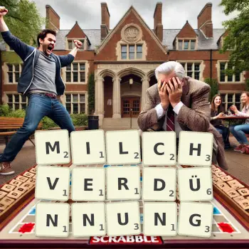 Kreative Illustration für ein Scrabble-Spiel, bei dem das Wort MILCHVERDÜNNUNG mit Steinen auf dem Brett gelegt wurde.